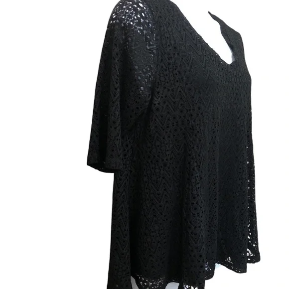 LaVanya Women’s Lace Eyelet Swing Top 1X Black Built-in Tank Top Half Sleeve - Picture 2 of 8